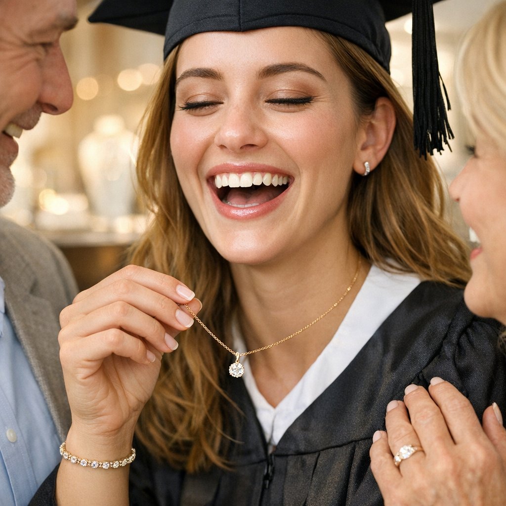 A curated collection of fine jewelry including diamond stud earrings, a compass bracelet, an engraved bar necklace, and a stack of rings, symbolizing graduation gift ideas on a blue velvet background.