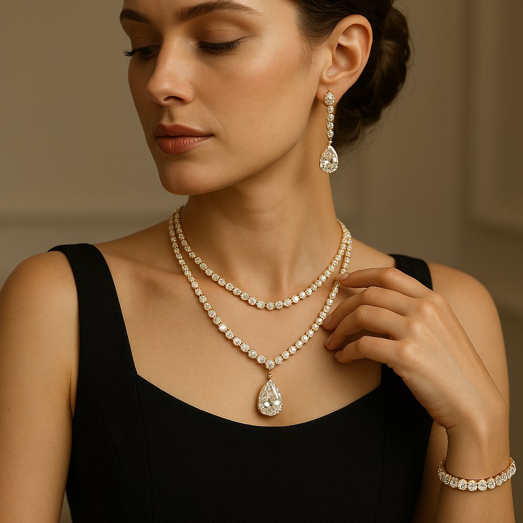 Elegant diamond and pearl jewelry styled with a little black dress
