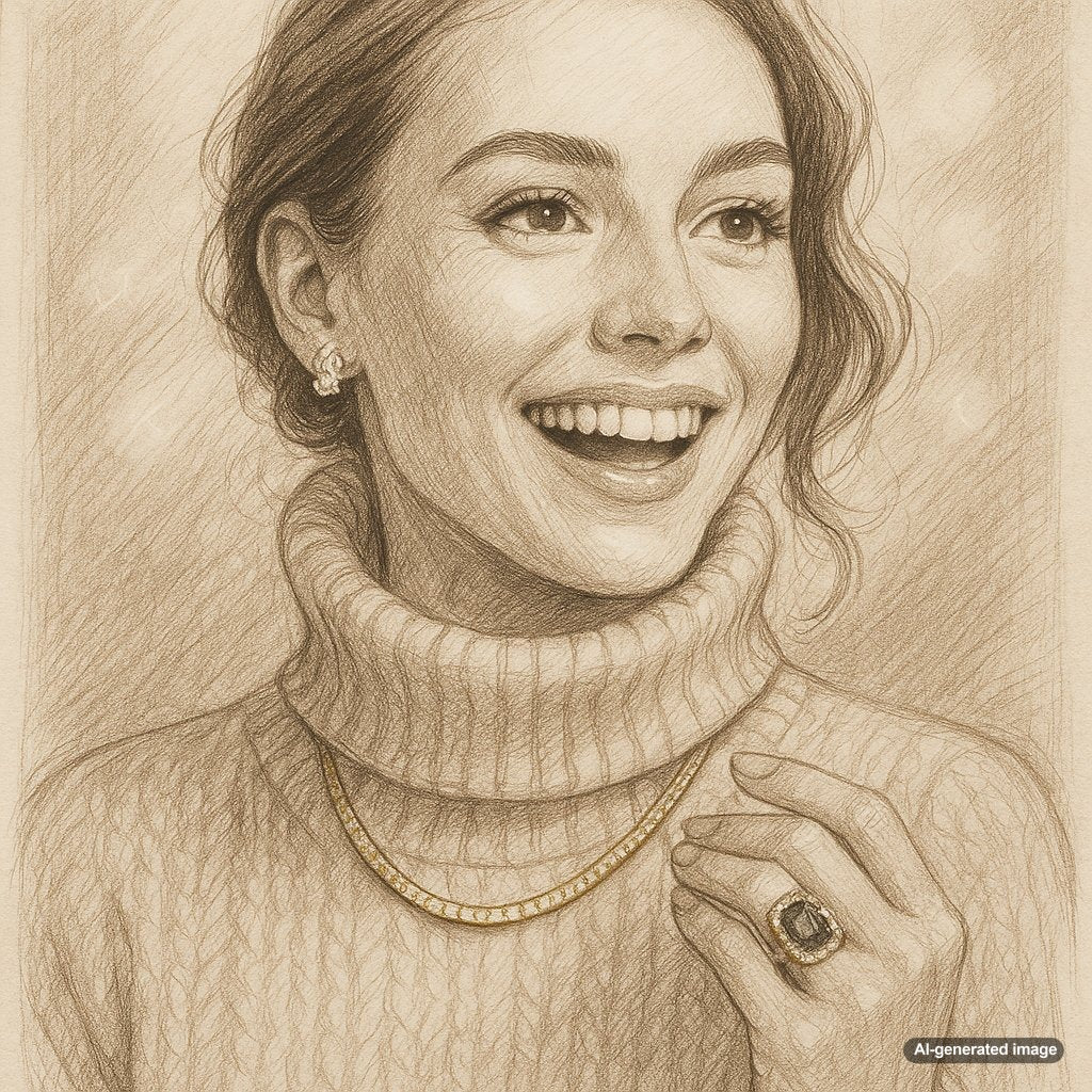 A stylish woman in a black turtleneck sweater wearing layered gold necklaces and bold hoop earrings, showcasing elegant winter jewelry styling.