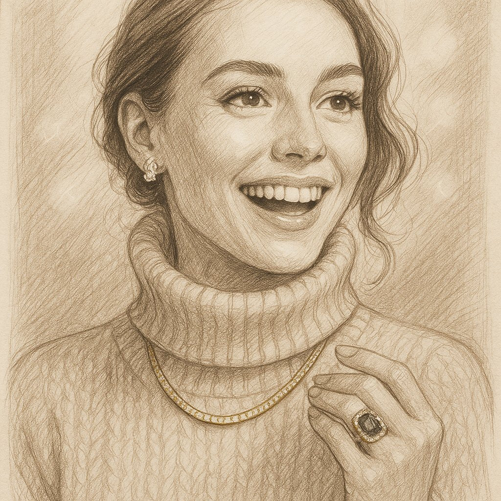 A stylish woman in a black turtleneck sweater wearing layered gold necklaces and bold hoop earrings, showcasing elegant winter jewelry styling.