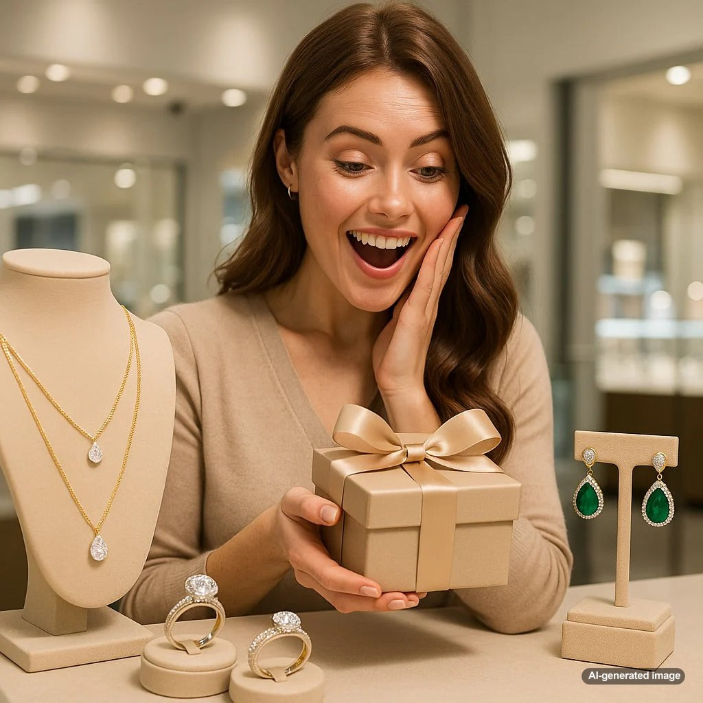 Luxury jewelry gifts for women, including diamond necklaces, gemstone rings, and gold bracelets displayed on velvet