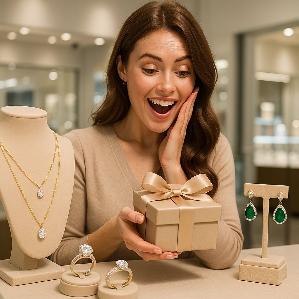 Luxury jewelry gifts for women, including diamond necklaces, gemstone rings, and gold bracelets displayed on velvet