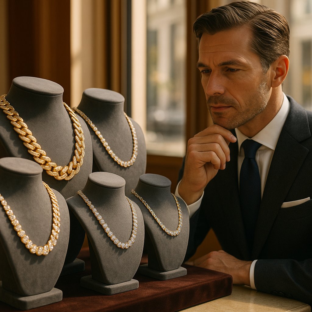 Stylish men's chains in various thicknesses and styles, from thin and delicate to bold and chunky