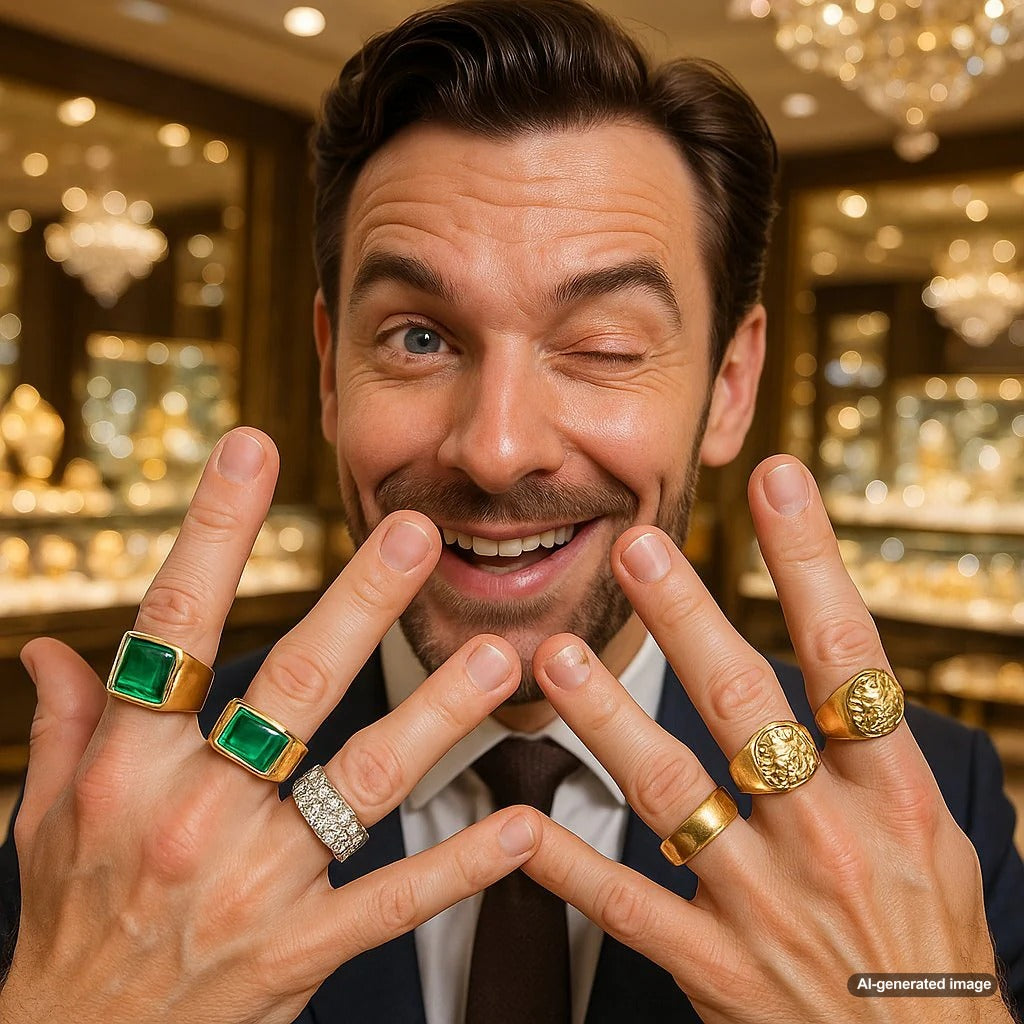 Stylish men's rings ranging from minimalist bands to bold statement pieces, displayed at Robinson's Jewelers
