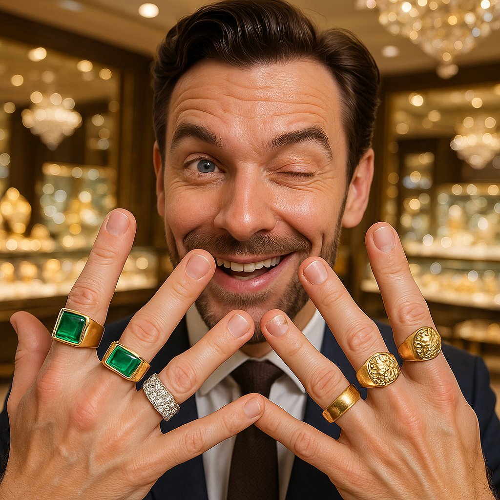 Stylish men's rings ranging from minimalist bands to bold statement pieces, displayed at Robinson's Jewelers