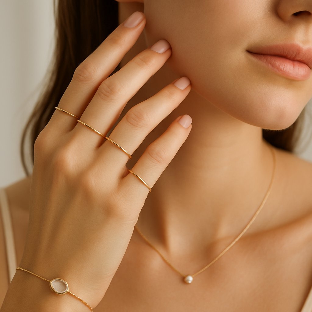 Elegant minimalist jewelry pieces displayed on a neutral background, featuring delicate necklaces, bracelets, and rings perfect for a capsule wardrobe.