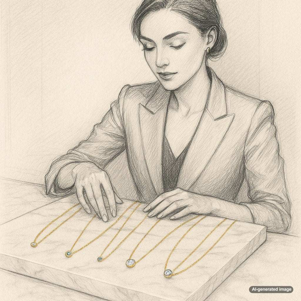 Elegant minimalist necklaces displayed on a velvet tray, featuring delicate chains and pendants for effortless everyday style.