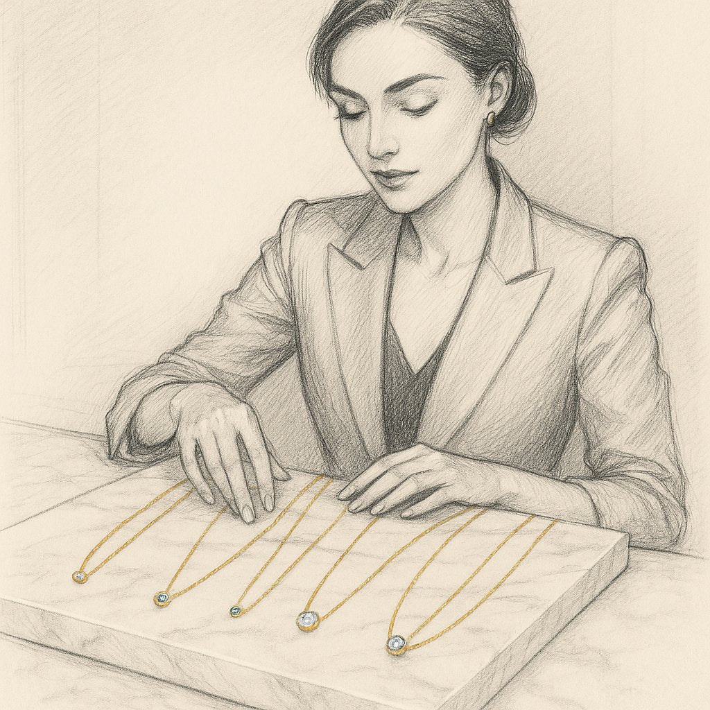 Elegant minimalist necklaces displayed on a velvet tray, featuring delicate chains and pendants for effortless everyday style.