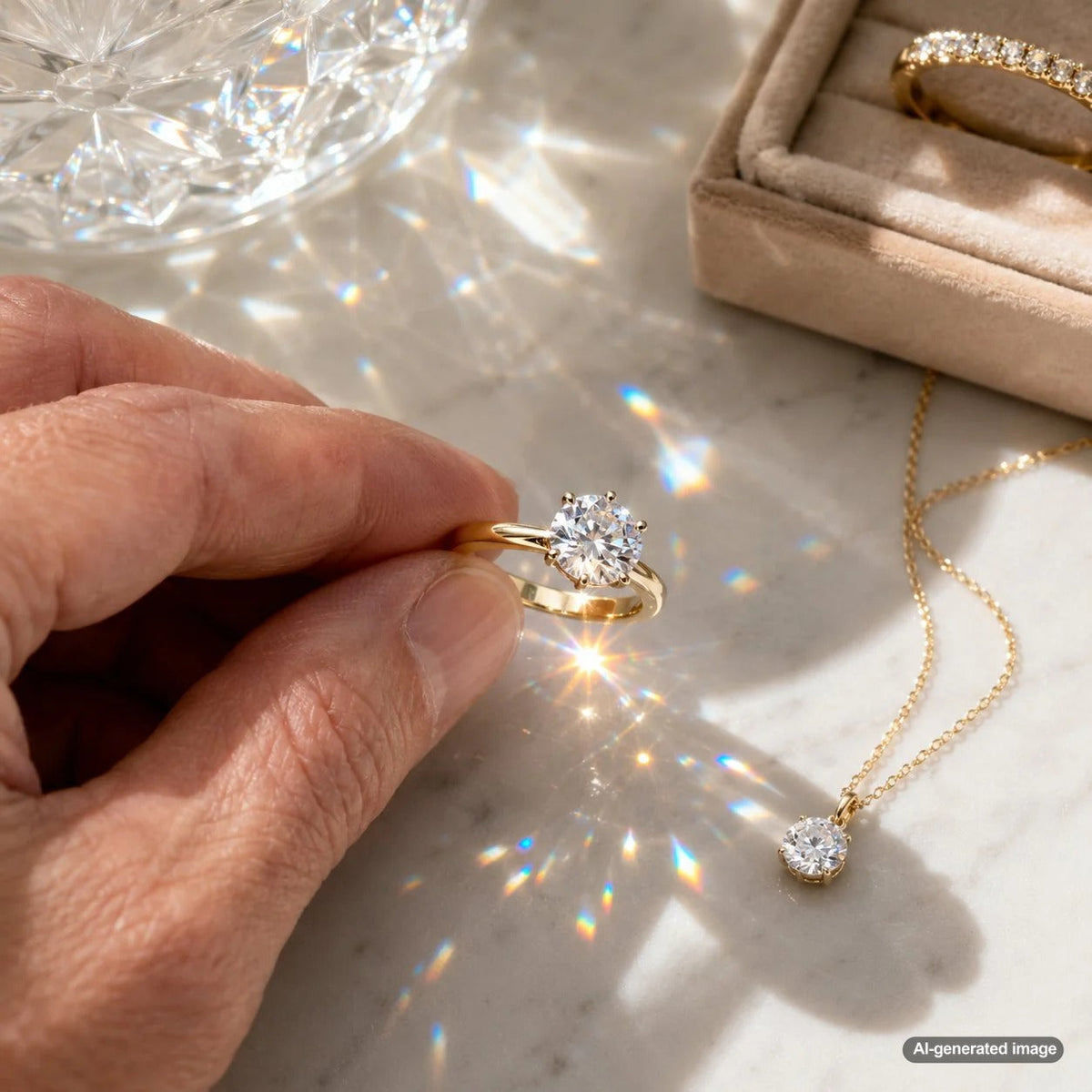 A diamond ring sparkling with rainbow fire under natural window light setup