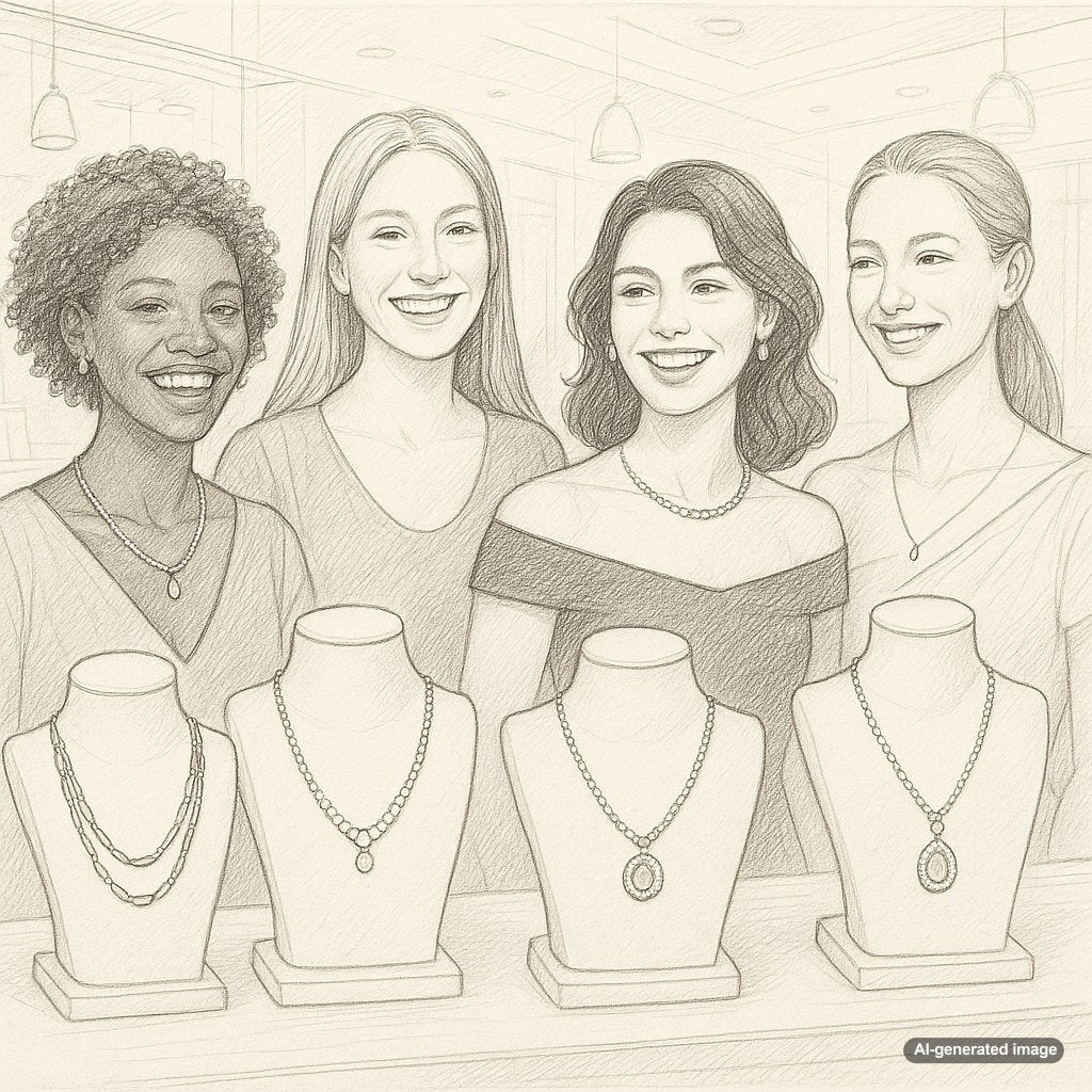 Woman wearing different necklace lengths with various necklines to showcase styling tips