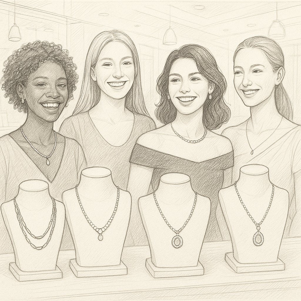 Woman wearing different necklace lengths with various necklines to showcase styling tips