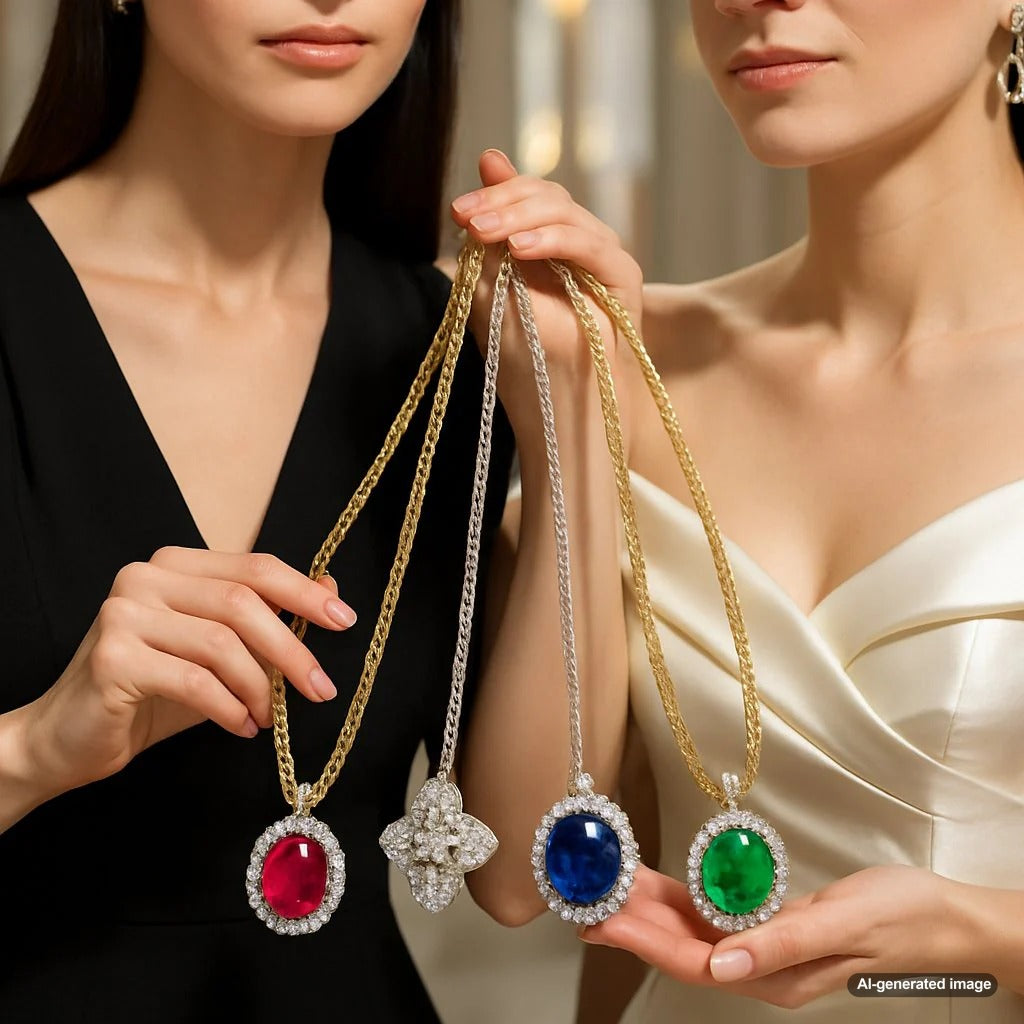 Stylish gold and silver chains with various pendants including diamonds, gemstones, and initials displayed elegantly
