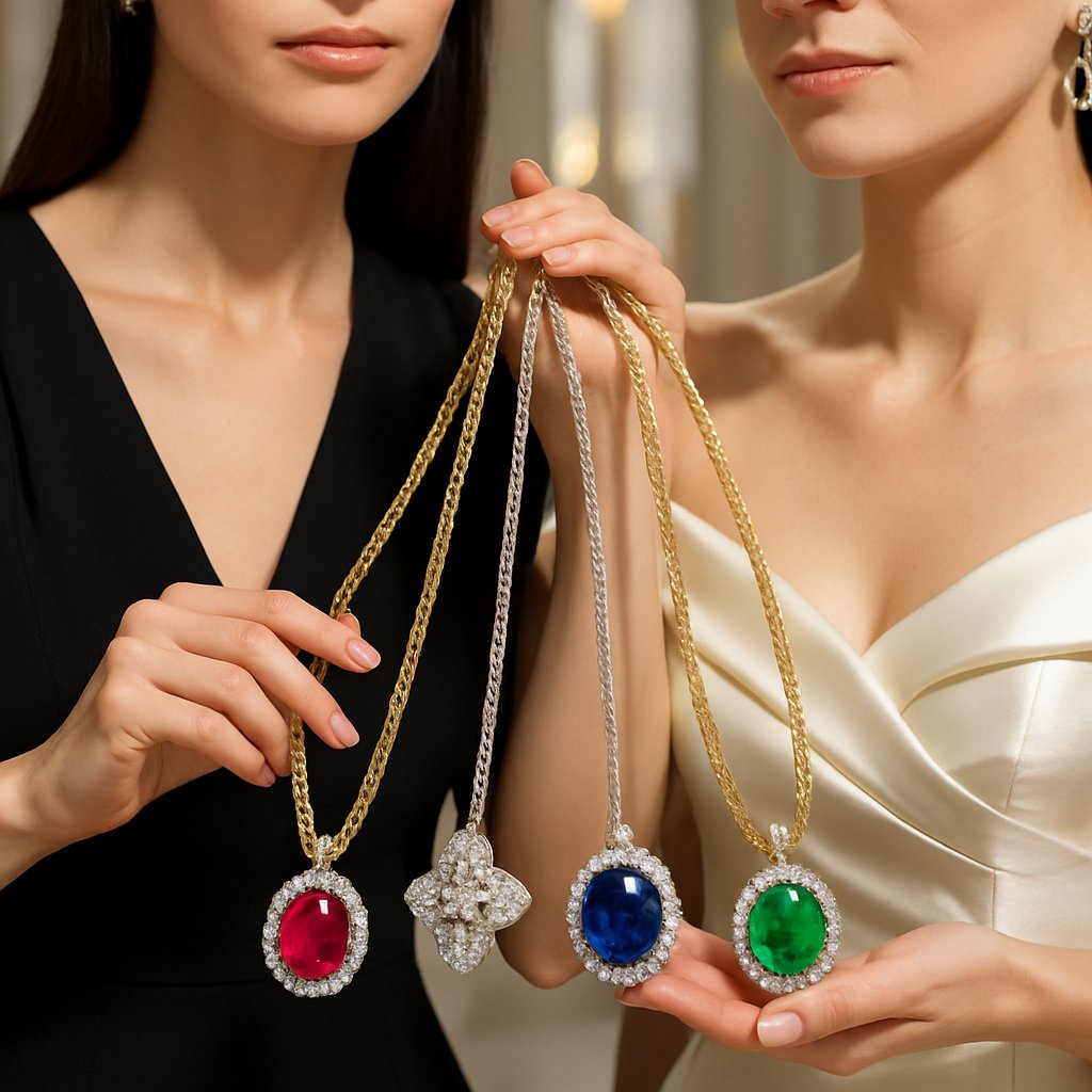 Stylish gold and silver chains with various pendants including diamonds, gemstones, and initials displayed elegantly