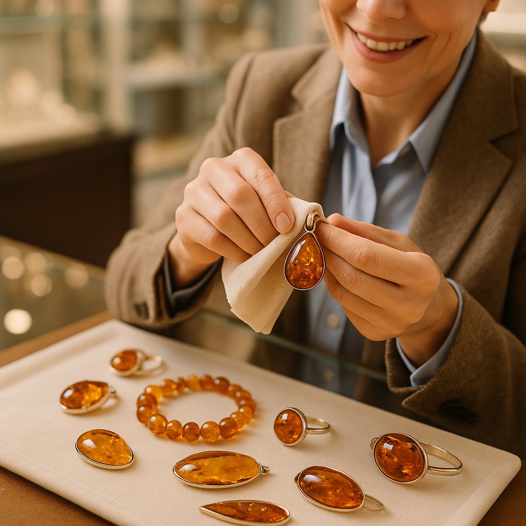 Close-up of a beautiful honey-colored amber pendant with natural inclusions, resting on a soft velvet cloth, demonstrating proper jewelry storage.