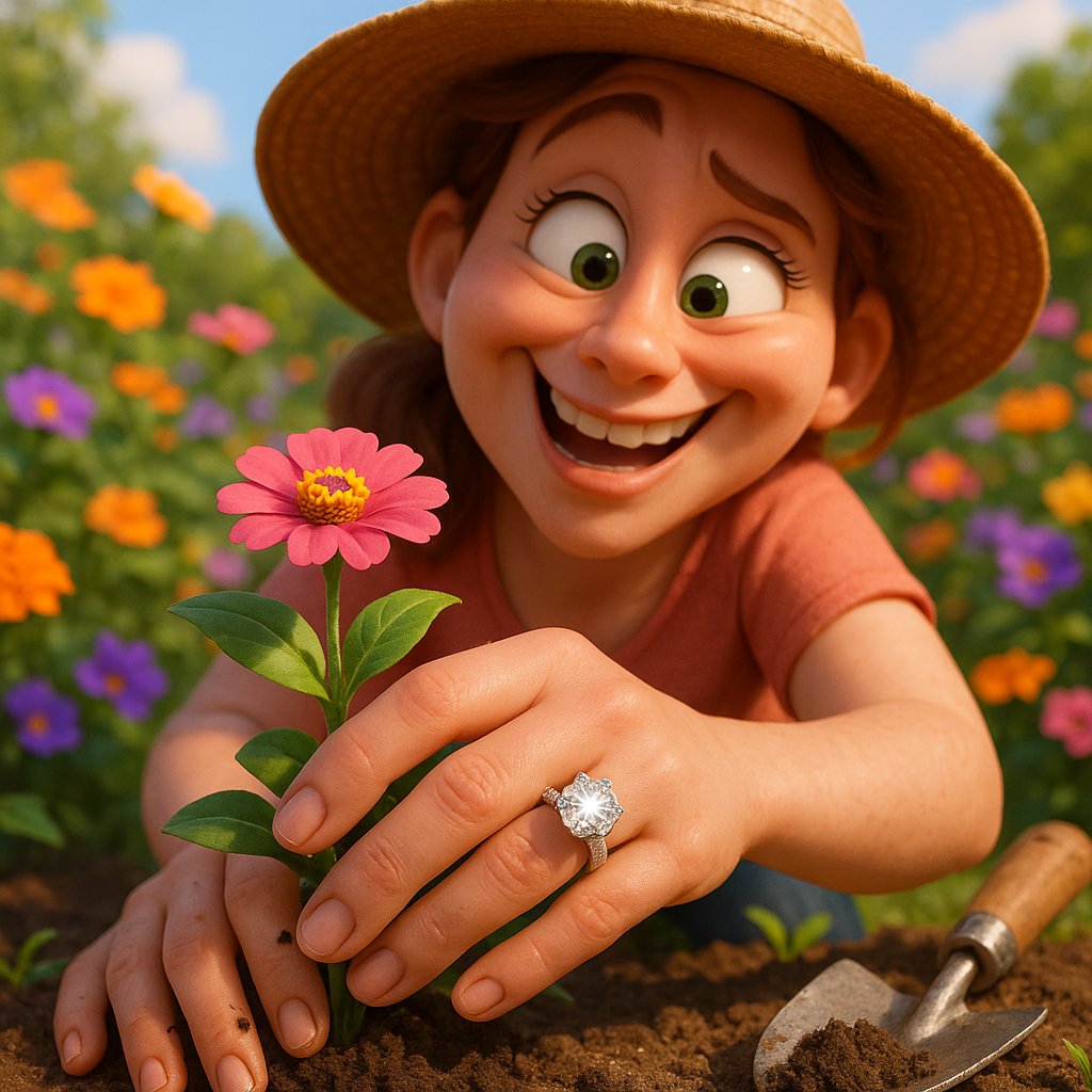 Woman wearing gardening gloves with a sparkling diamond engagement ring visible, gardening tools and soil in the background.