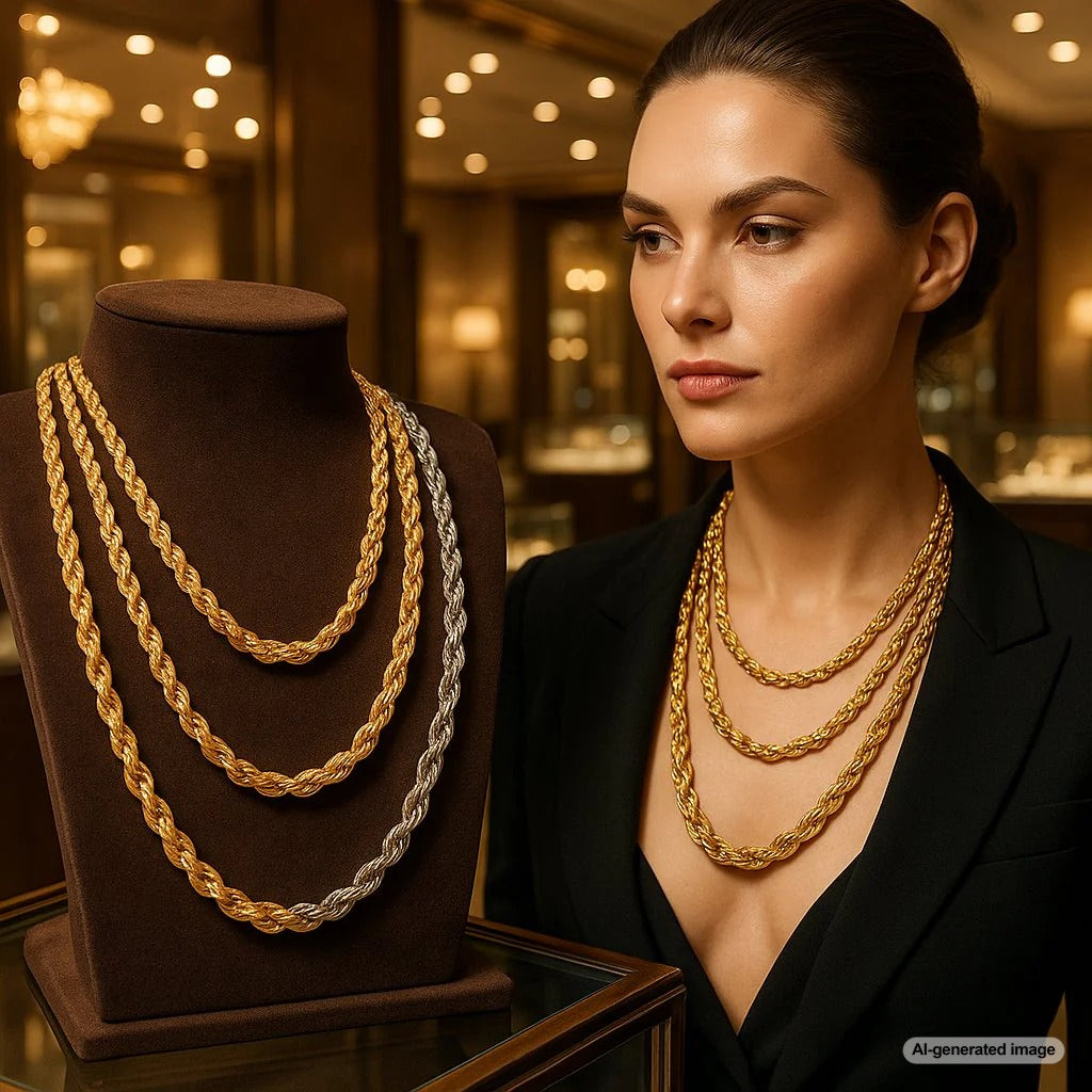 Luxury gold and diamond rope chains displayed at Robinson's Jewelers