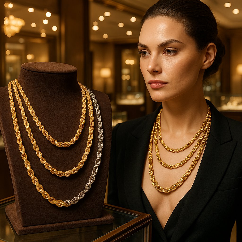 Luxury gold and diamond rope chains displayed at Robinson's Jewelers