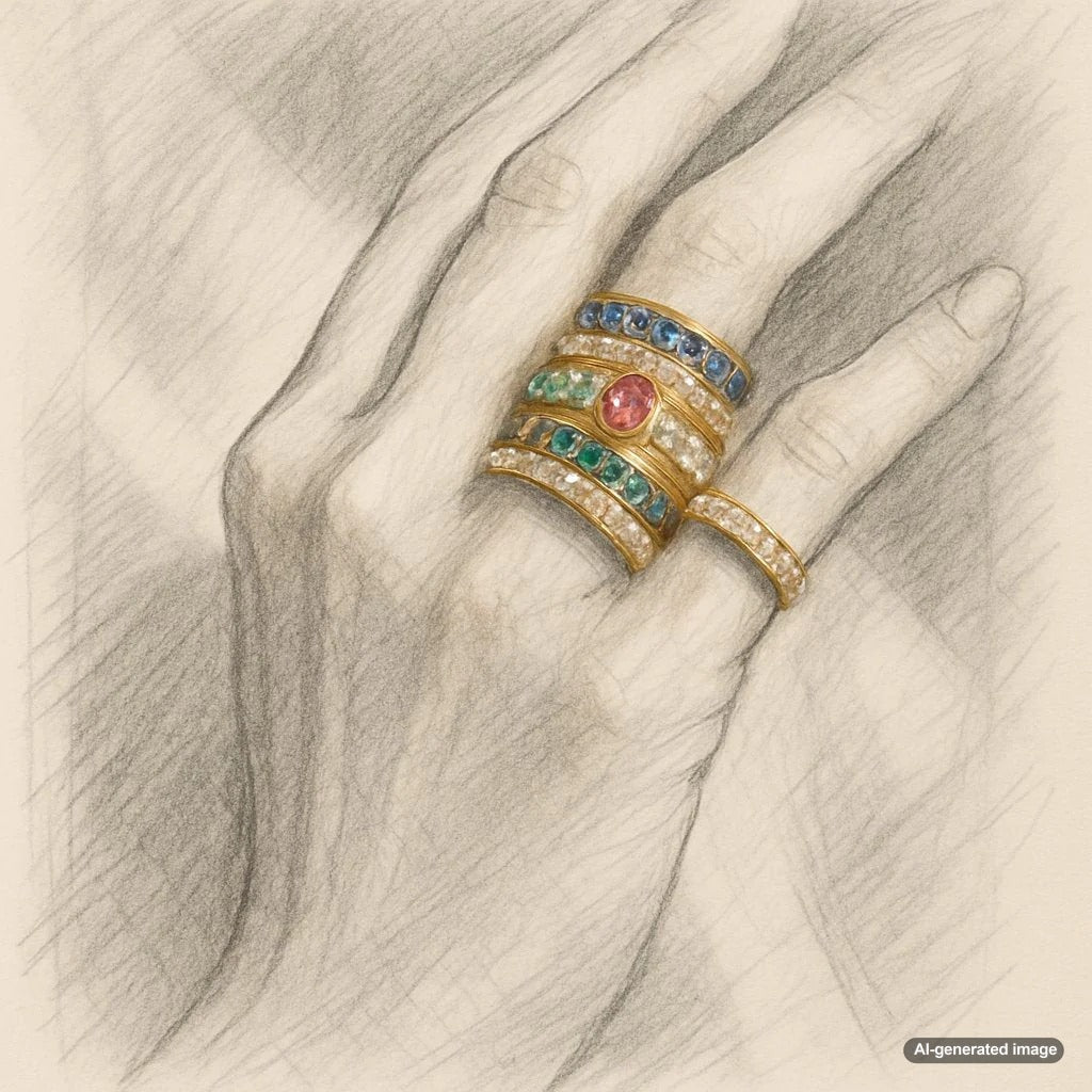 A curated selection of stackable rings in gold, silver, and rose gold with diamonds and gemstones, artfully arranged for layering.
