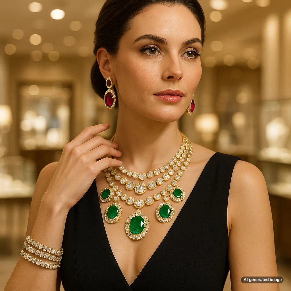 Luxury statement jewelry for a night out featuring bold cocktail rings, diamond earrings, and choker necklaces