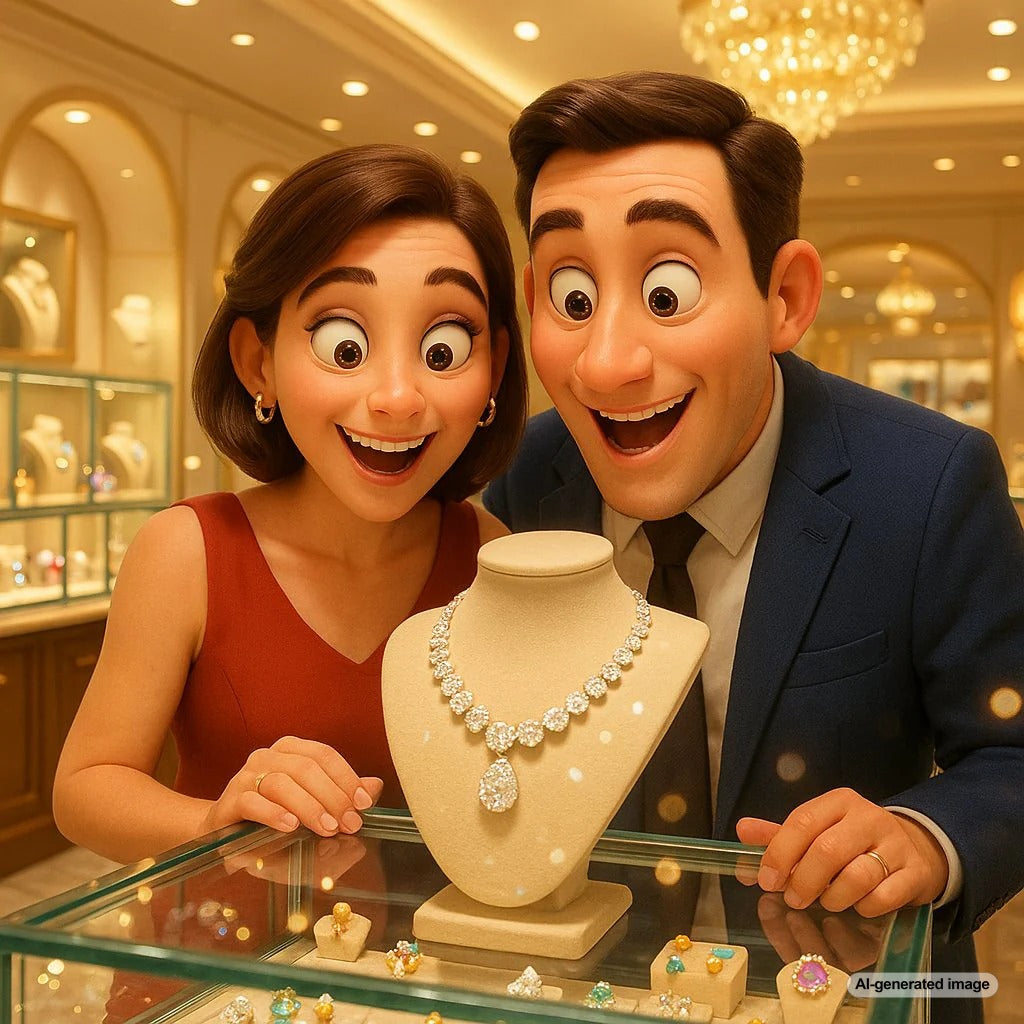 Woman admiring a dazzling diamond ring during a seasonal jewelry sale