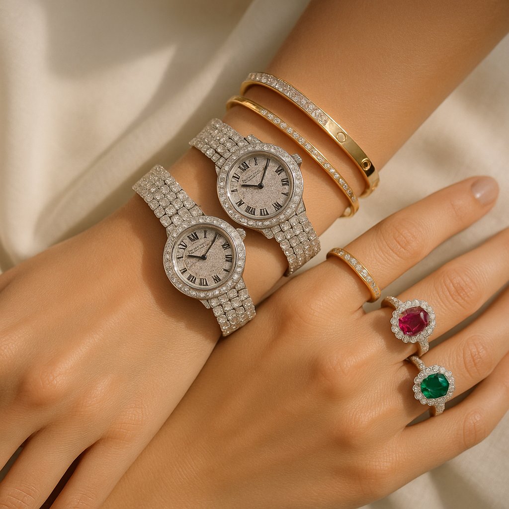 Luxury watches paired with elegant bracelets and rings for a stylish wrist stack