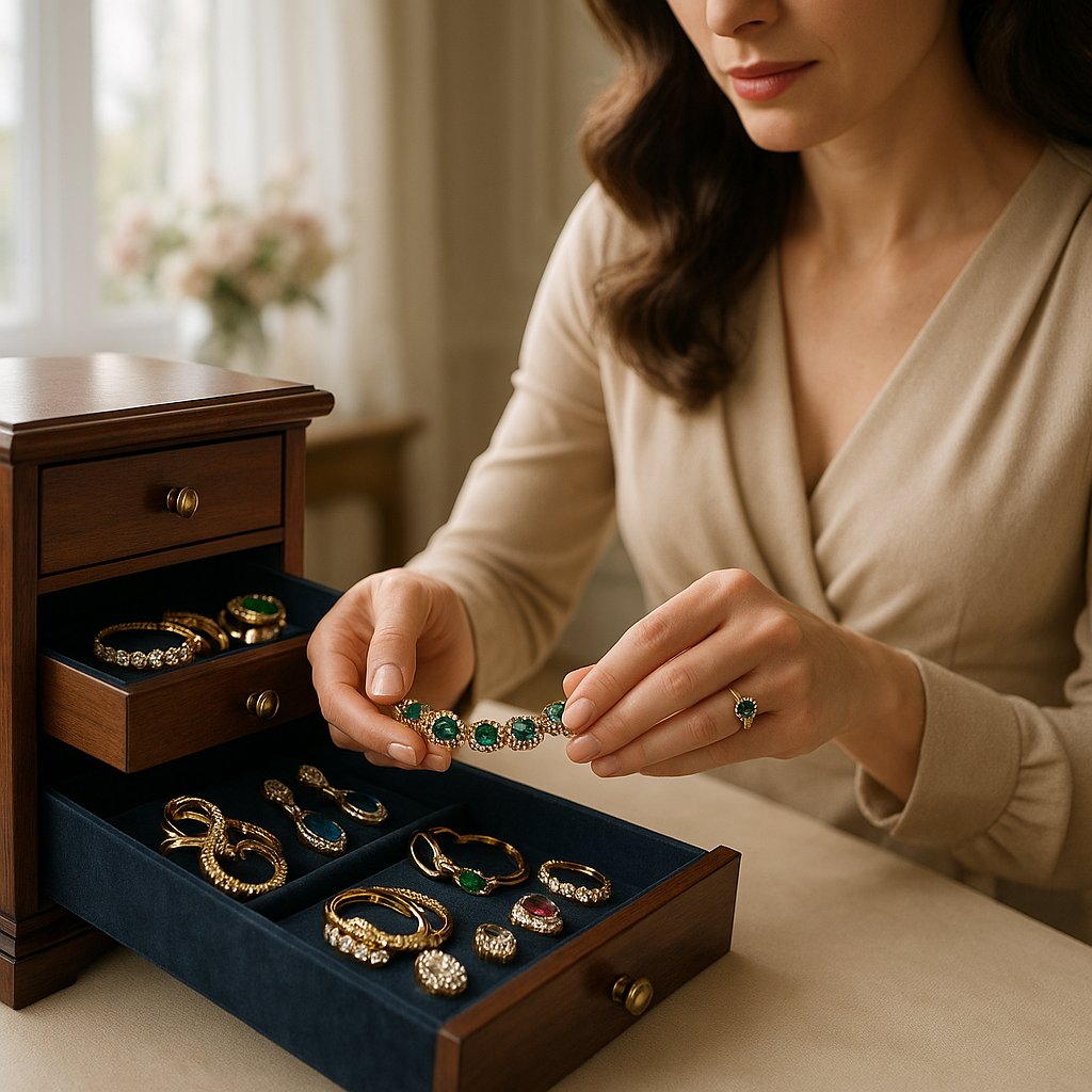 Elegant jewelry storage solutions to prevent tarnishing, featuring necklaces, rings, and bracelets in organized compartments