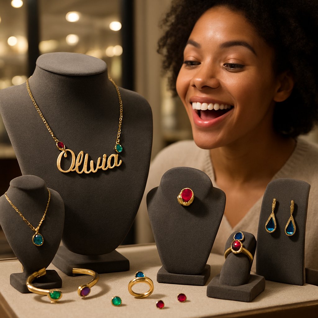 A beautifully styled flat lay of personalized jewelry without engraving, featuring birthstone rings, initial necklaces, and charm bracelets from Robinson's Jewelers