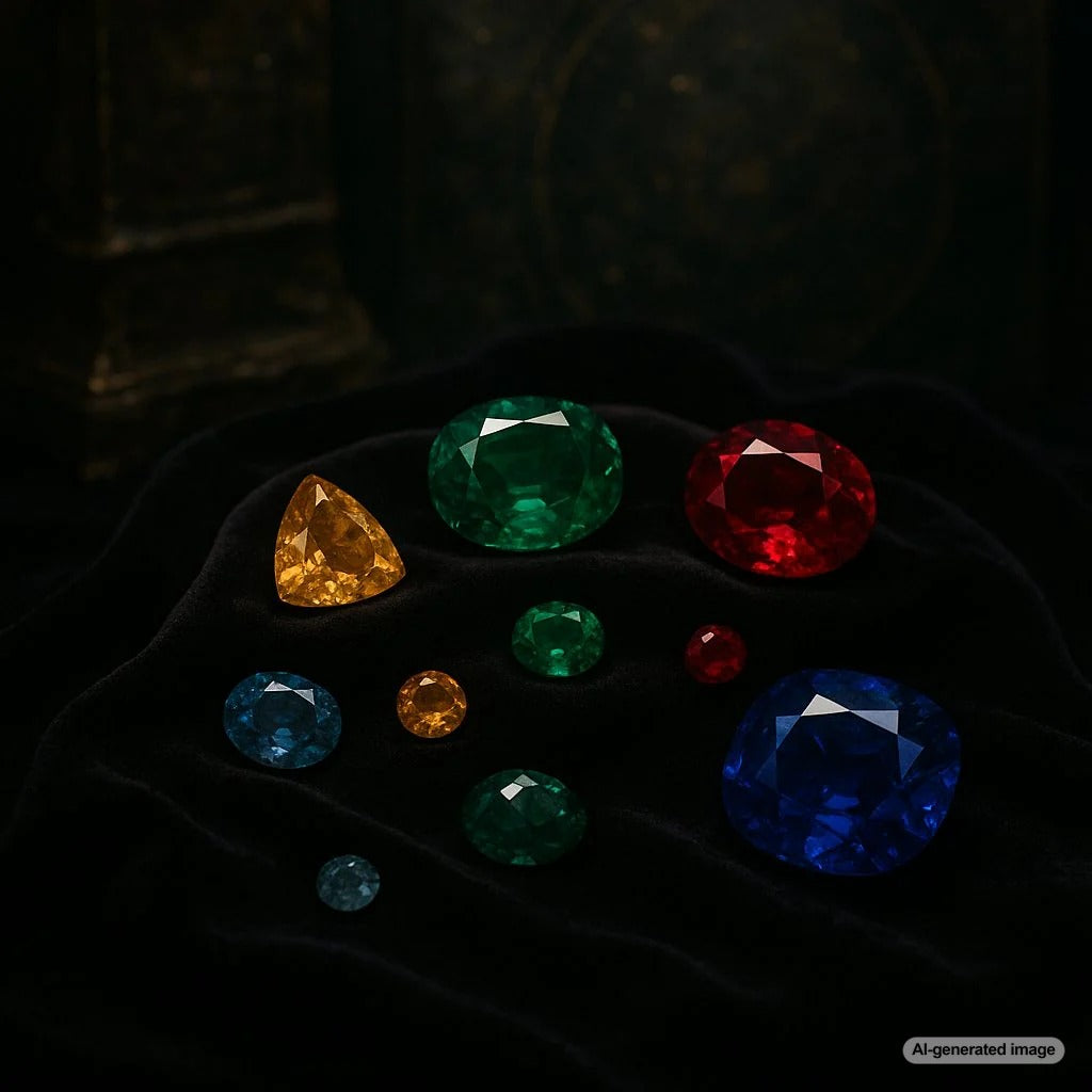 Colorful array of birthstone gemstones including ruby, emerald, sapphire, and diamond laid out in a sparkling display