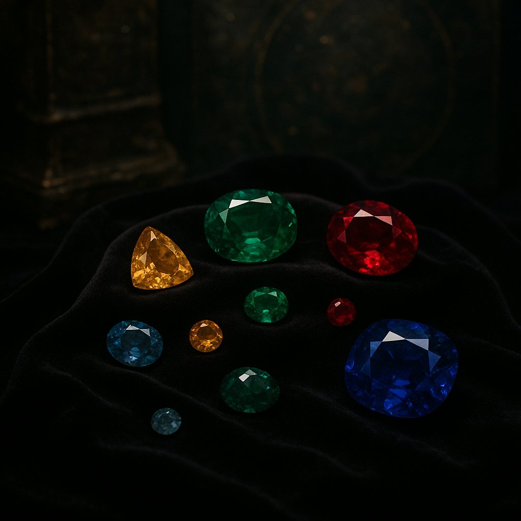 Colorful array of birthstone gemstones including ruby, emerald, sapphire, and diamond laid out in a sparkling display