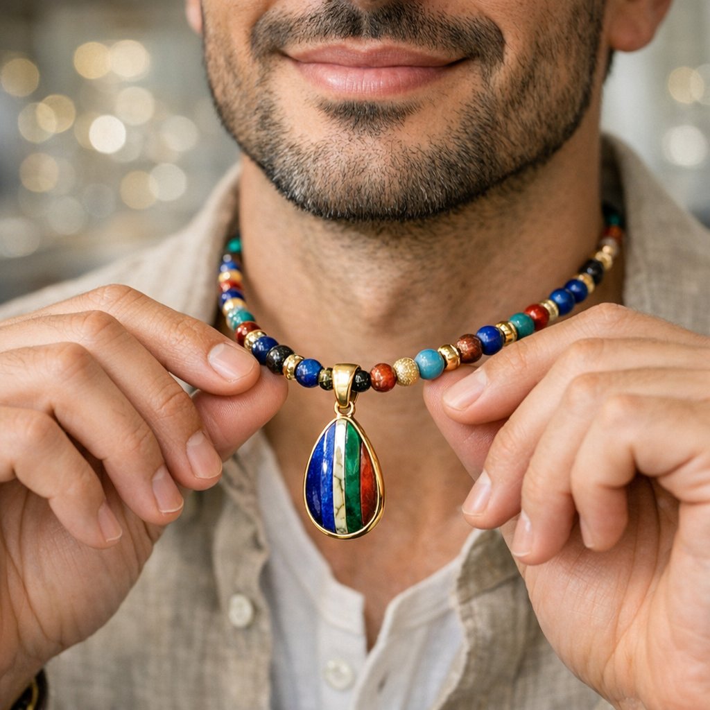 A curated selection of men's beaded bracelets featuring colorful gemstones like lapis, onyx, and carnelian styled together on a wooden surface.