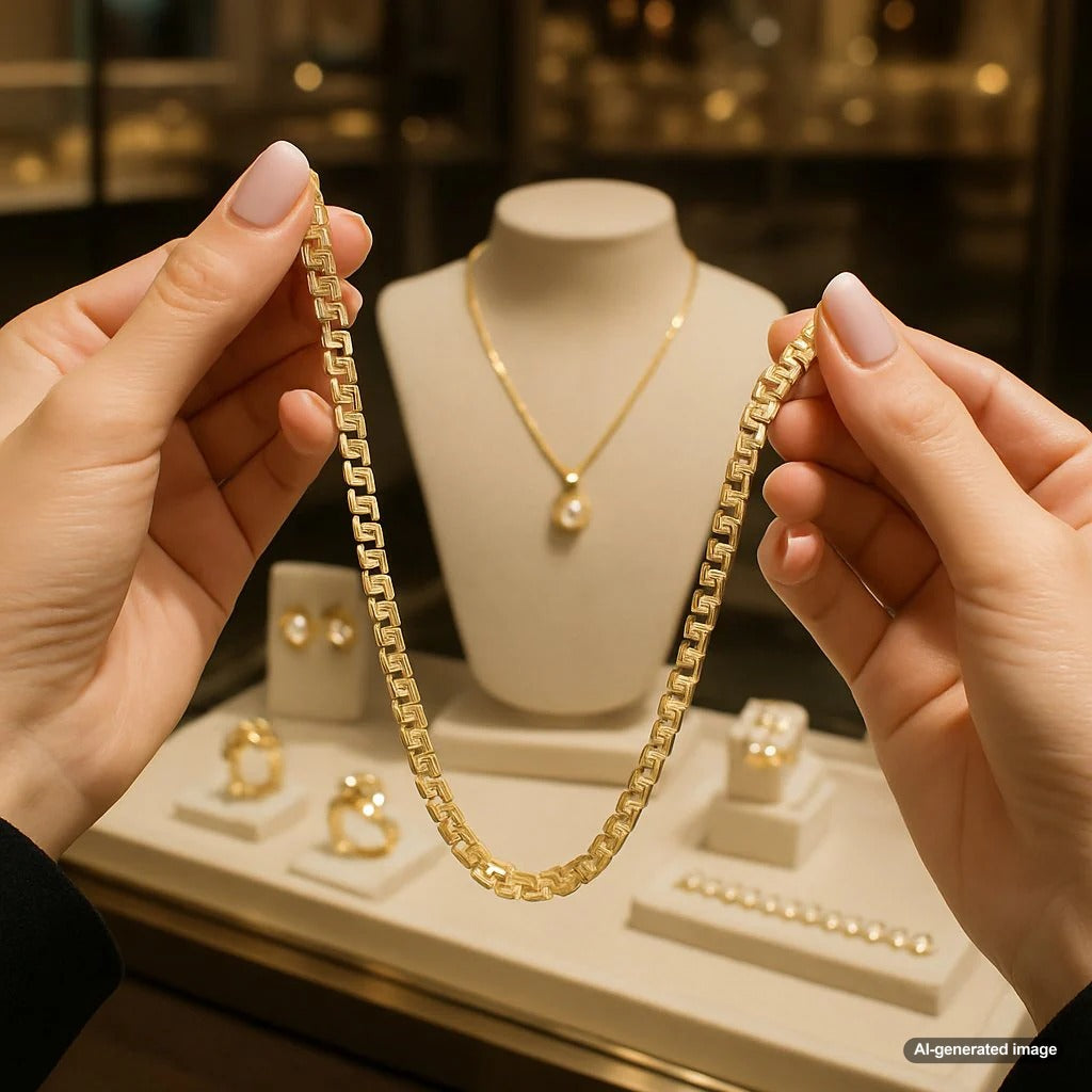 Close up of a sleek modern gold box chain necklace showing its geometric links
