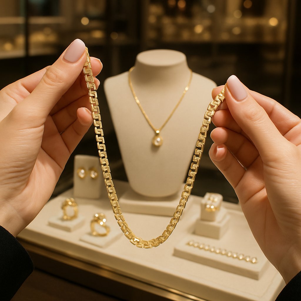 Close up of a sleek modern gold box chain necklace showing its geometric links