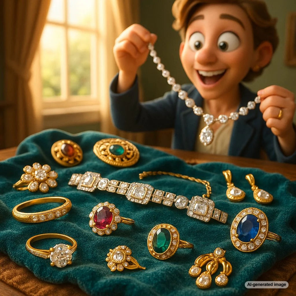 Elegant antique and estate jewelry collection featuring rings, necklaces and bracelets from different historical periods