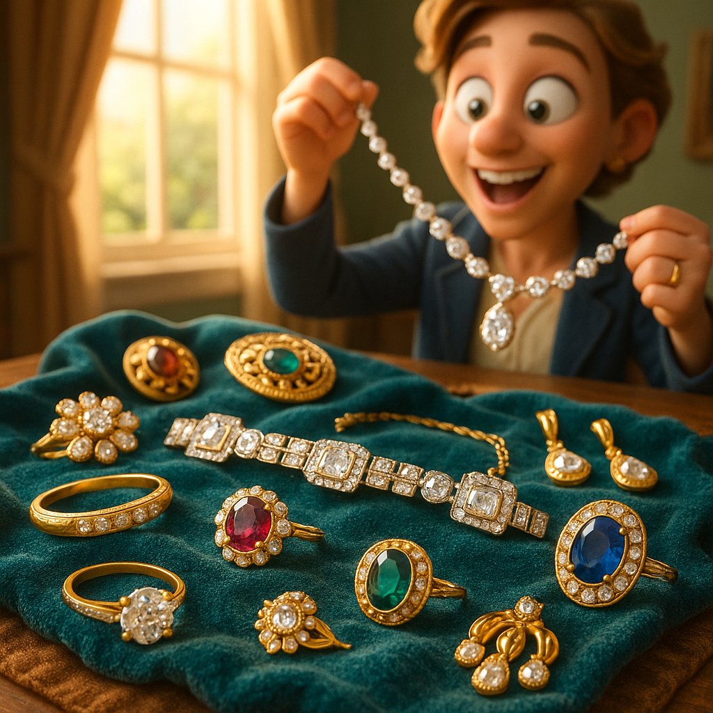 Elegant antique and estate jewelry collection featuring rings, necklaces and bracelets from different historical periods