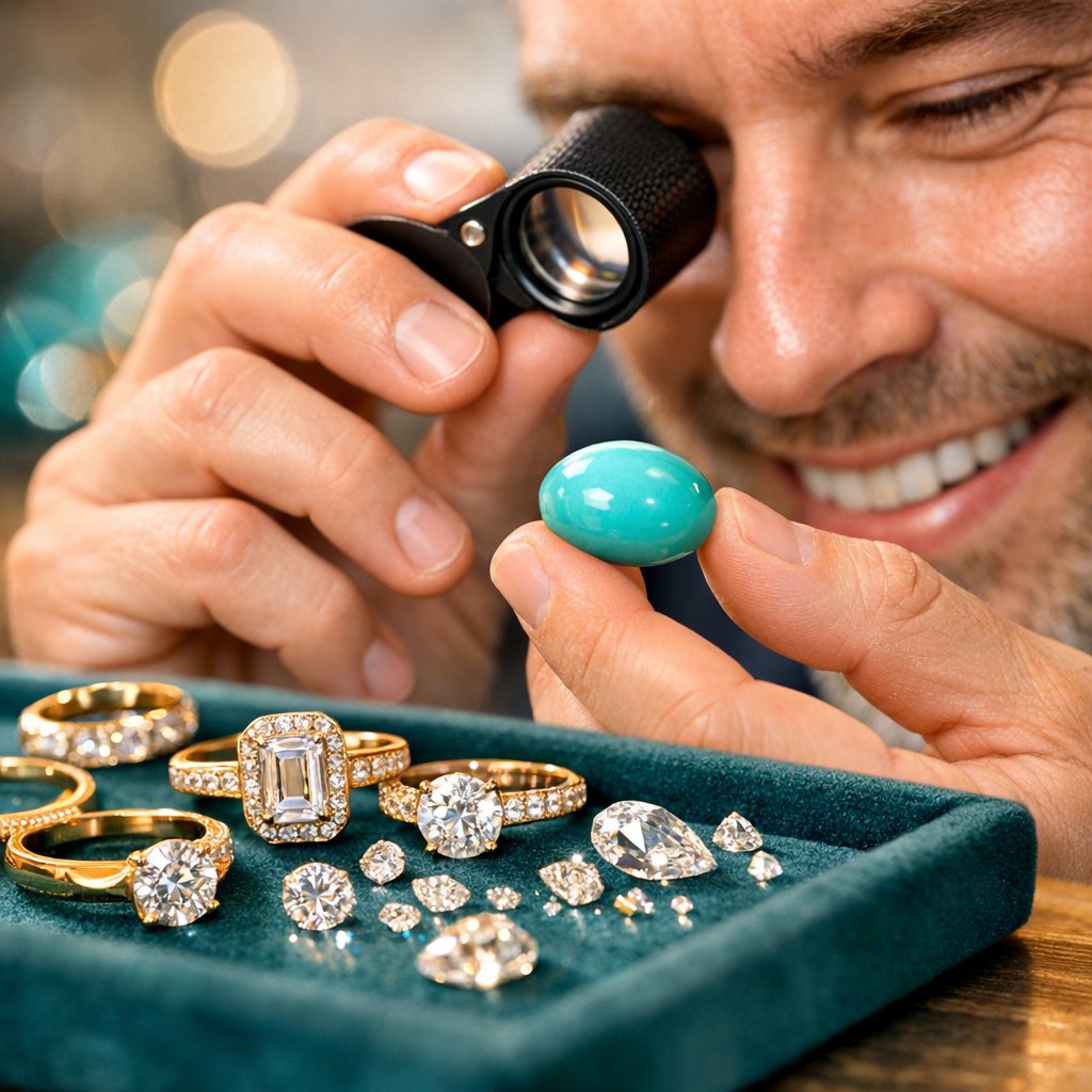 Close-up view of a turquoise cabochon being carefully set into a silver bezel setting by a jeweler's hands.