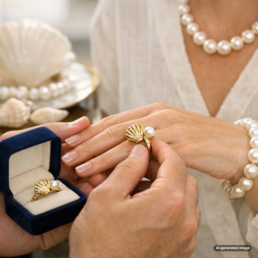 A stunning close-up of a woman's hands holding a collection of elegant pearl and seashell jewelry on a sandy beach, perfectly capturing the Coastal Grandmother aesthetic.