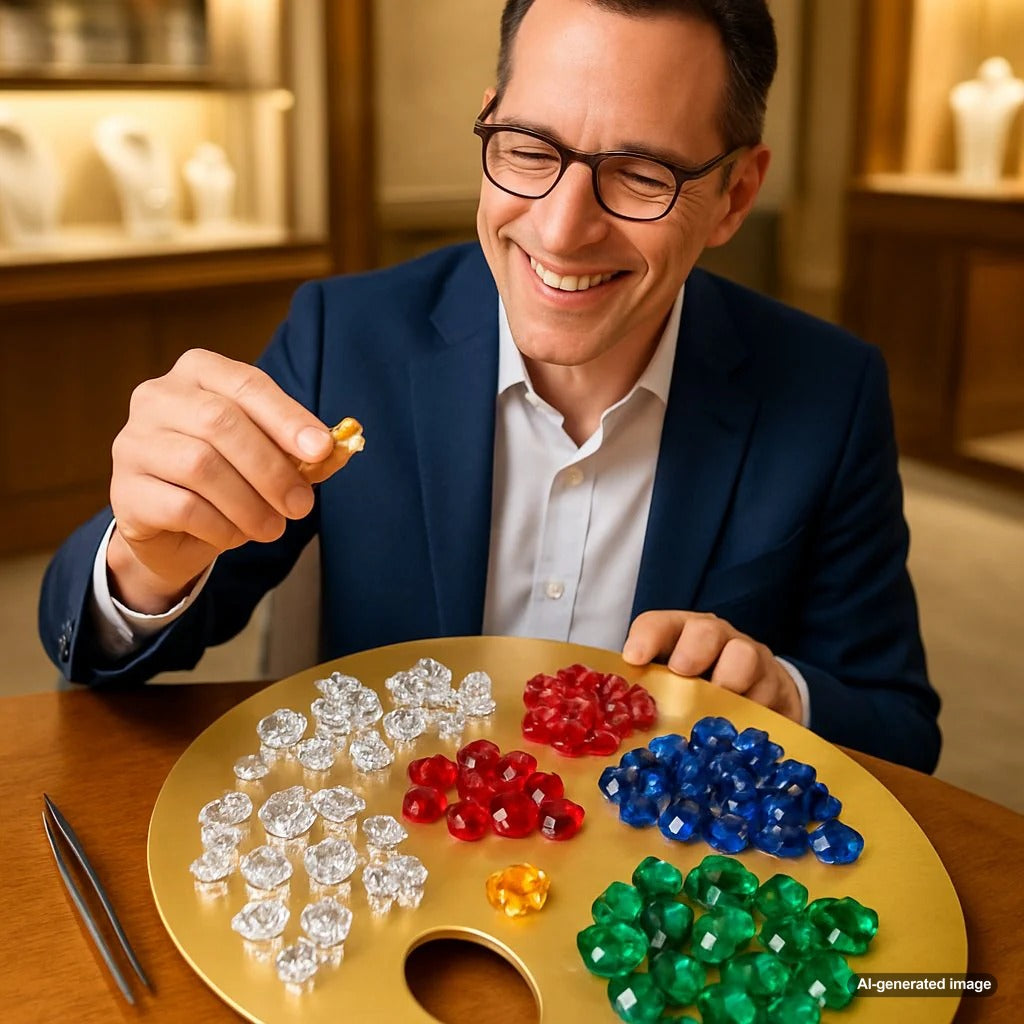 Colorful array of gemstones including rubies, sapphires, emeralds and diamonds arranged in an artistic palette
