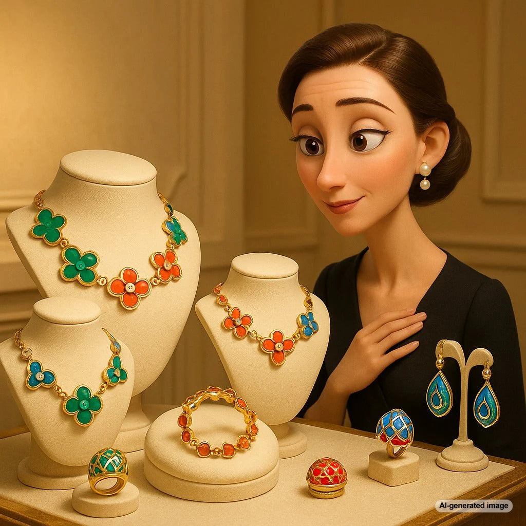 Vibrant high jewelry enamel rings and bracelets showcasing a modern colorful design