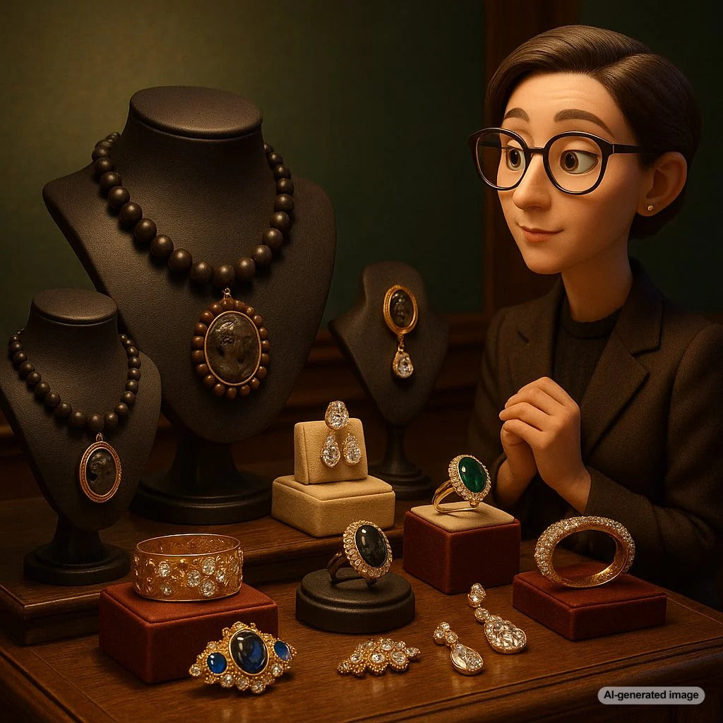 Antique gutta-percha jewelry pieces showing intricate carved designs and dark matte finish