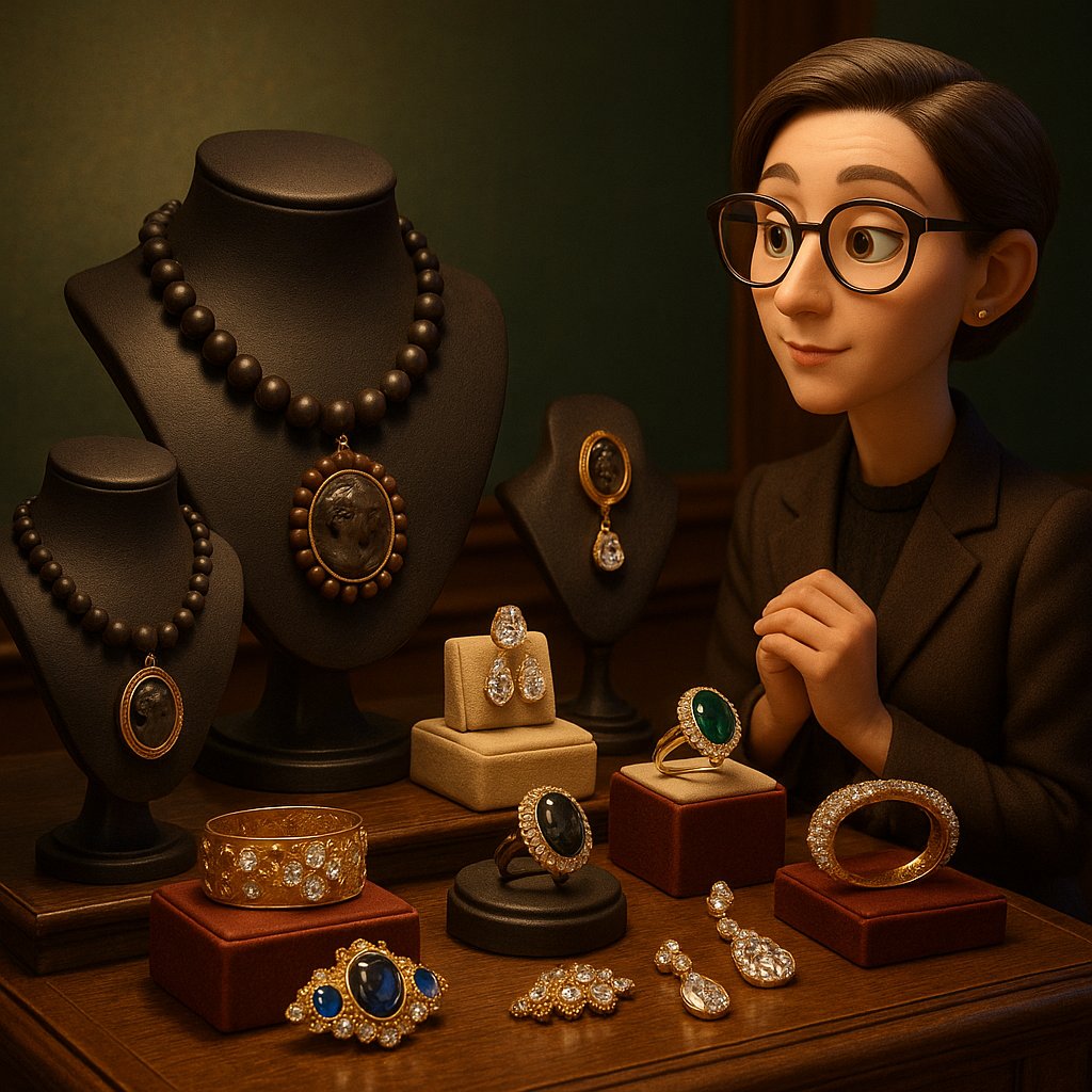 Antique gutta-percha jewelry pieces showing intricate carved designs and dark matte finish