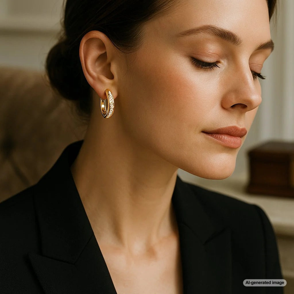 Close-up image of a woman wearing stunning diamond huggie hoop earrings from Robinson's Jewelers