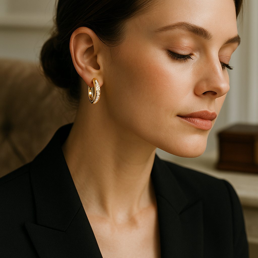 Close-up image of a woman wearing stunning diamond huggie hoop earrings from Robinson's Jewelers