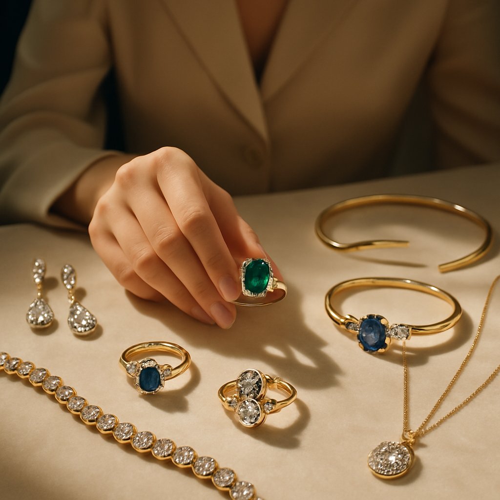 A curated selection of minimalist fine jewelry pieces showcasing quiet luxury, including diamond studs, a delicate gold necklace, and a stack of thin bracelets on a neutral background.