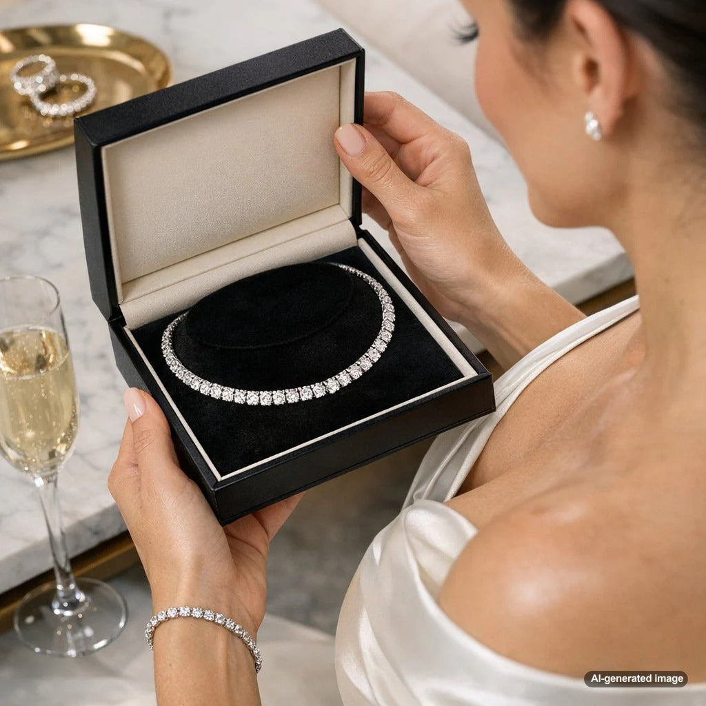 A woman wearing a stylish diamond choker necklace, standing with perfect posture and exuding confidence.