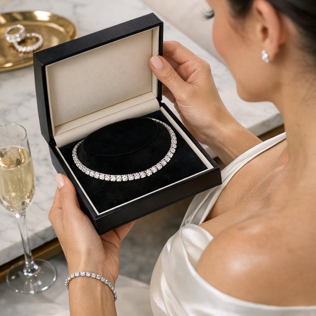 A woman wearing a stylish diamond choker necklace, standing with perfect posture and exuding confidence.