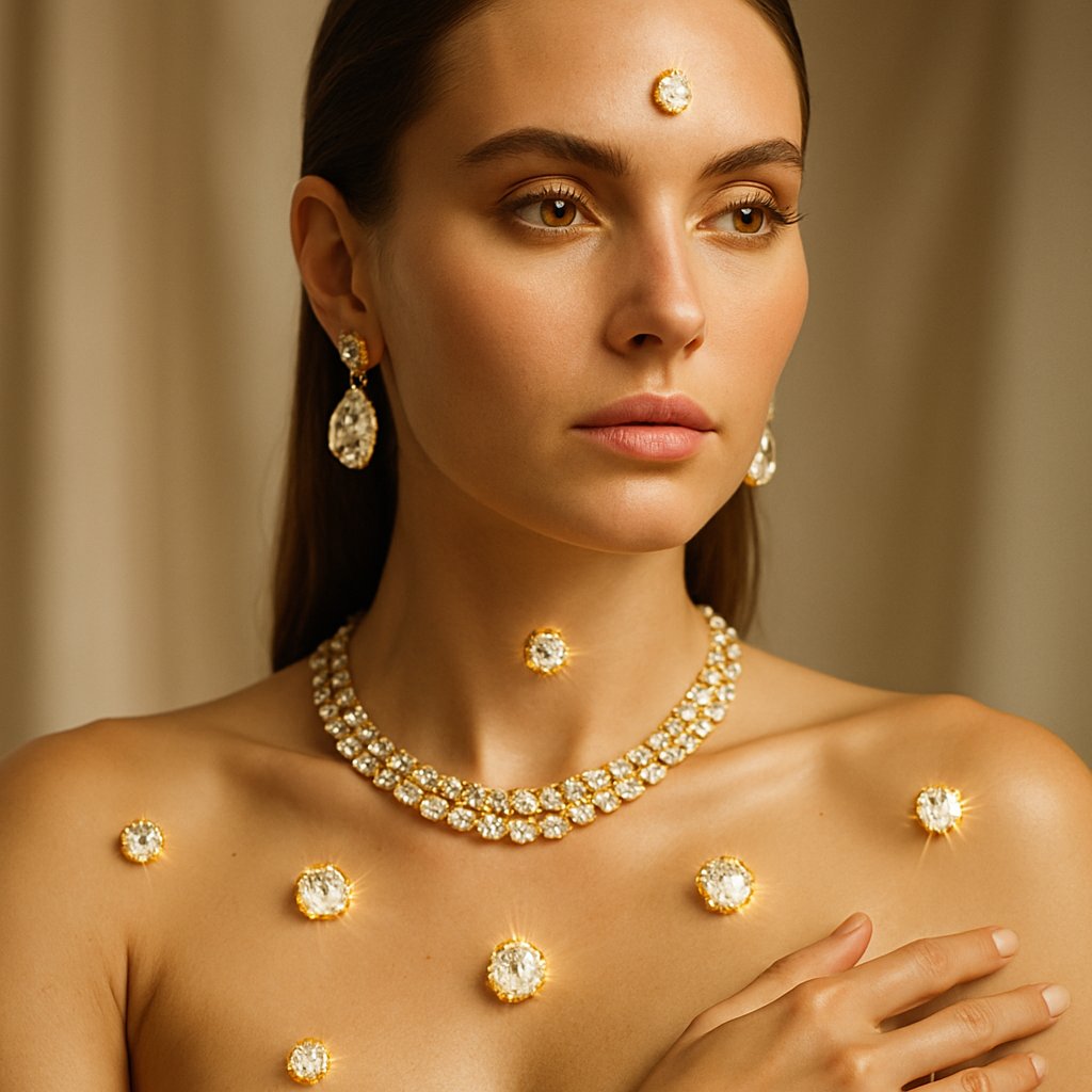 Woman receiving acupuncture while wearing elegant jewelry pieces at key energy points