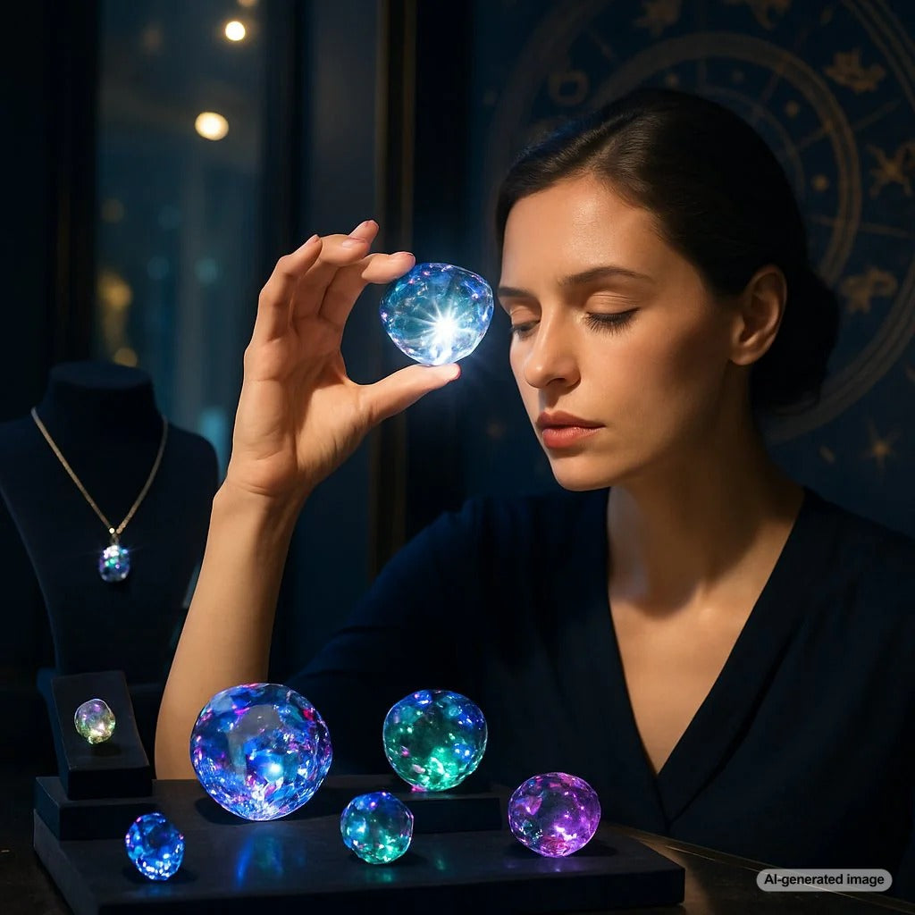 Vibrant collage of rare gemstones aligned with zodiac symbols on a celestial blue background