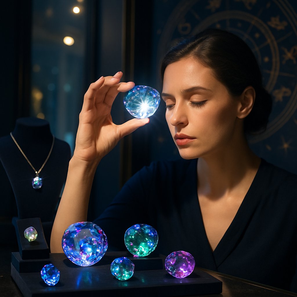 Vibrant collage of rare gemstones aligned with zodiac symbols on a celestial blue background