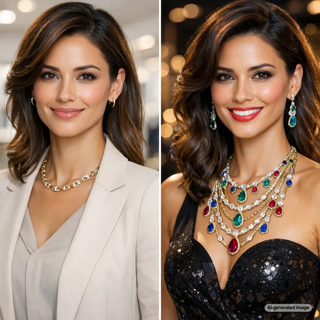 A woman wearing a stunning convertible diamond necklace from Robinson's Jewelers, shown in both a shorter choker style for day and a longer elegant style for evening.