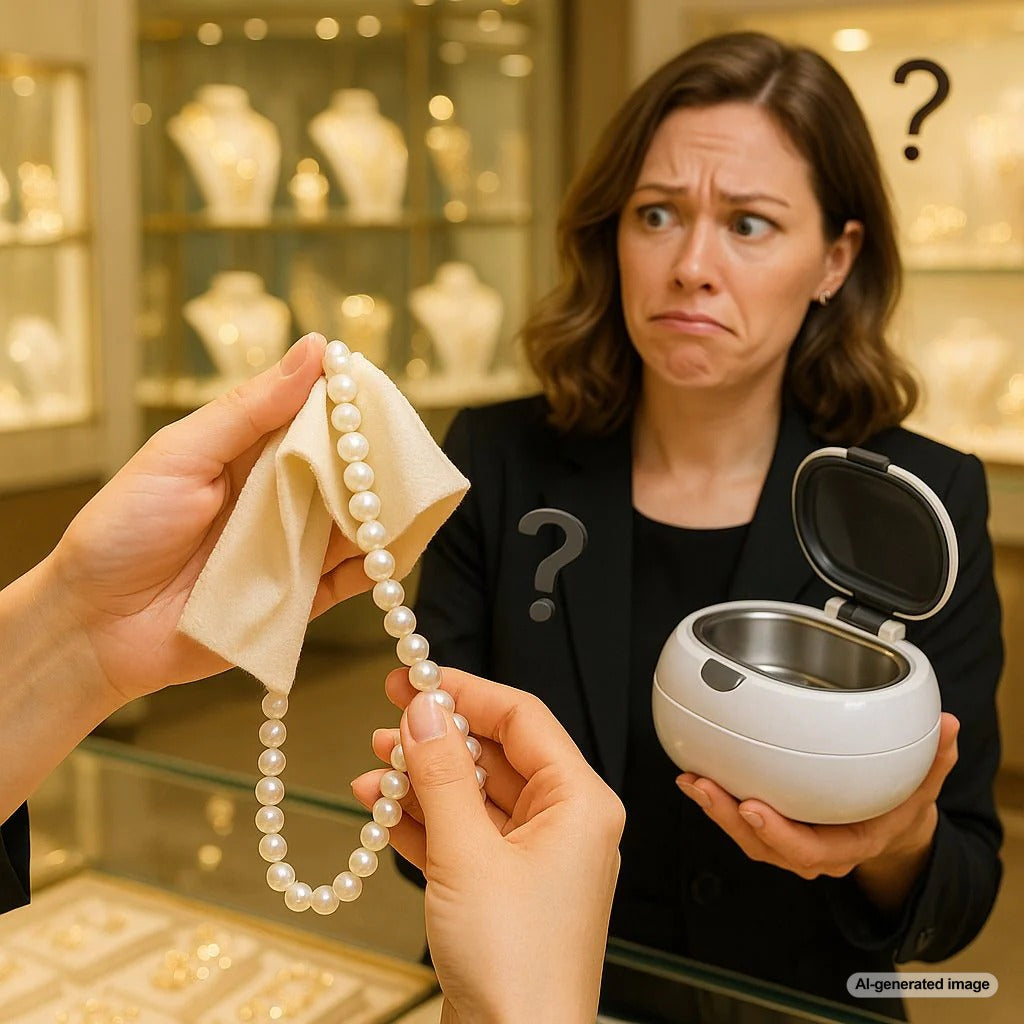 Close up image of a luminous pearl necklace being gently cleaned with a soft cloth